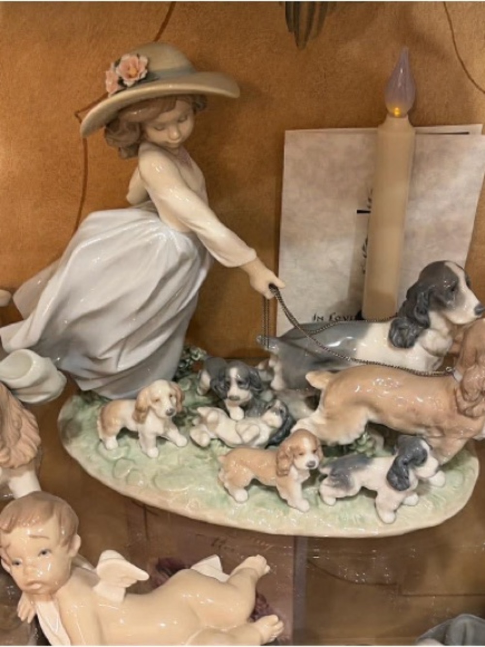Porcelain Girl with Puppies Figurine - White and Tan